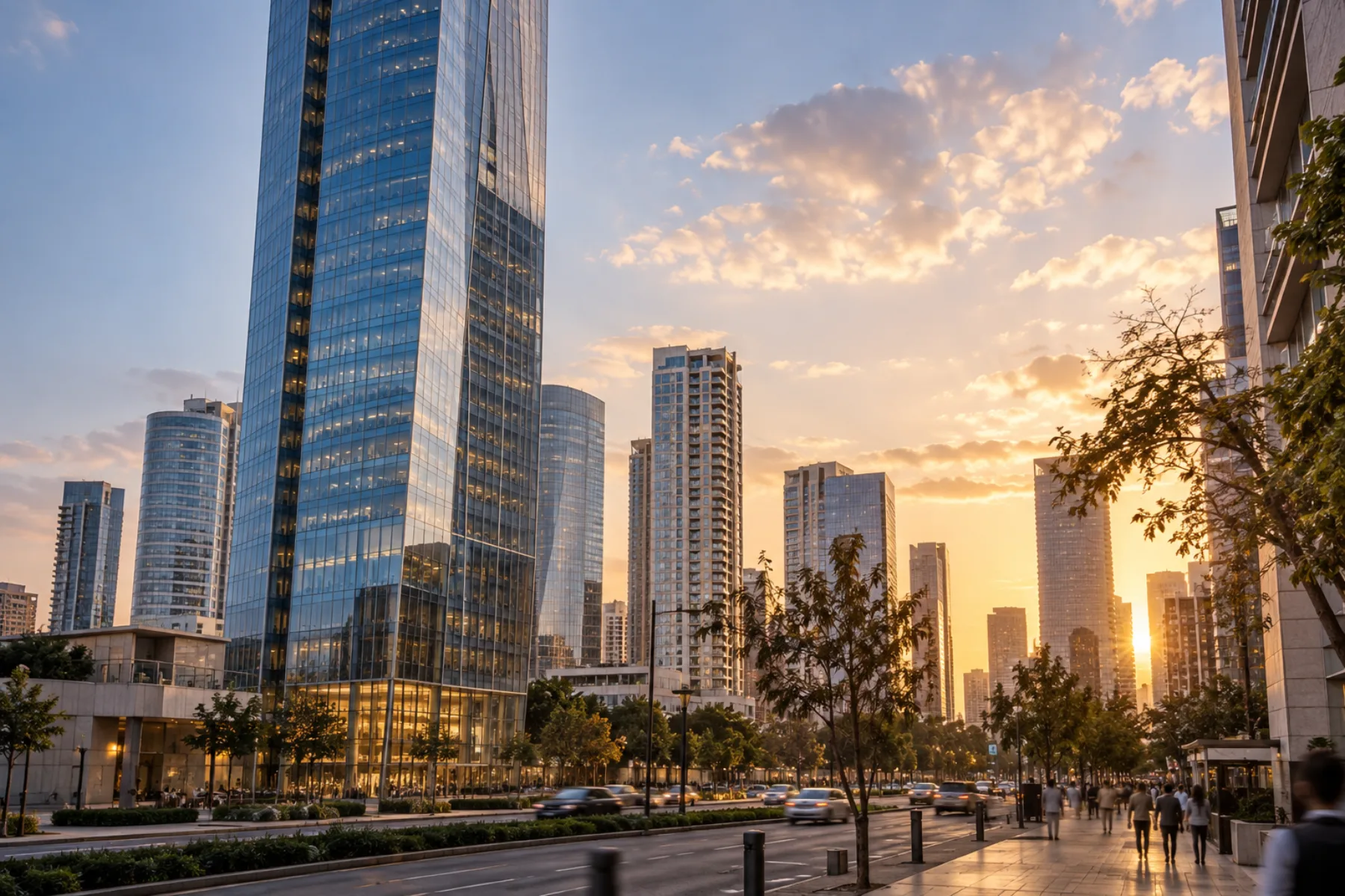 מגדל משרדים באזור המרכז בשעת אחר הצהריים, תמונה רעיונית